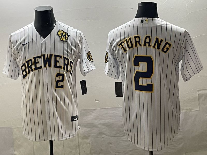 Men 2025 Milwaukee Brewers #2 Turang White Stripe 2025 Nike MLB Jersey 016